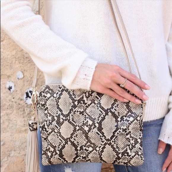 Boujee Boutique Handbags - Carol Clutch-Crossbody, Side Tassel Snake Brown